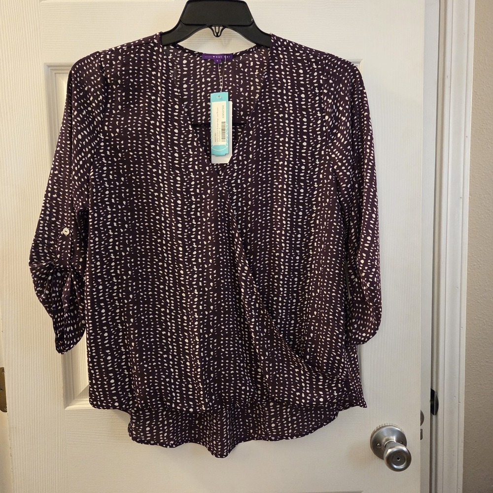 West Kei sz L Allan Surplice Rolltab High Low blouse NWT dark purple career